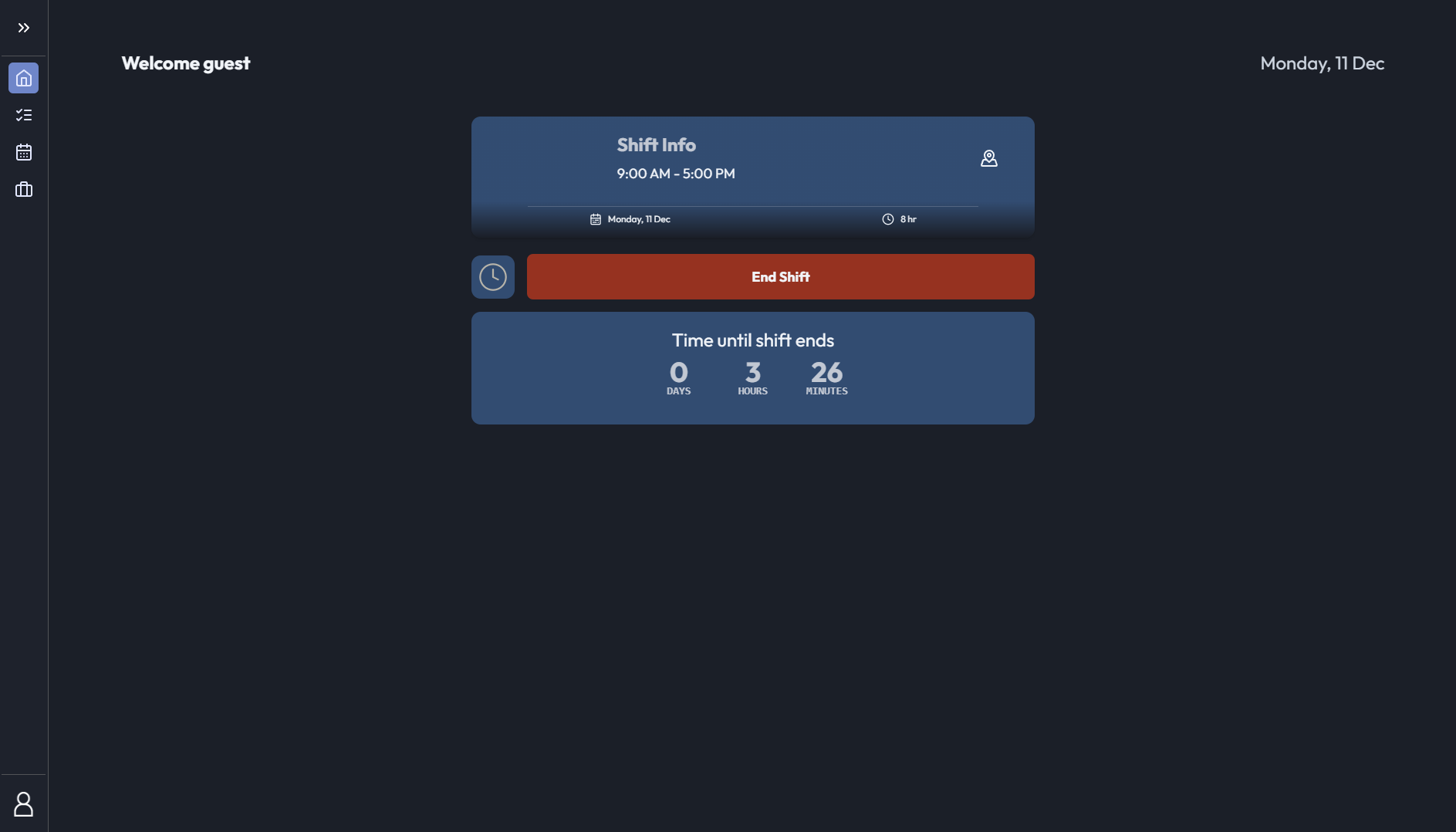Showing the user's current roster event as well as a way for them to clock on and off for it