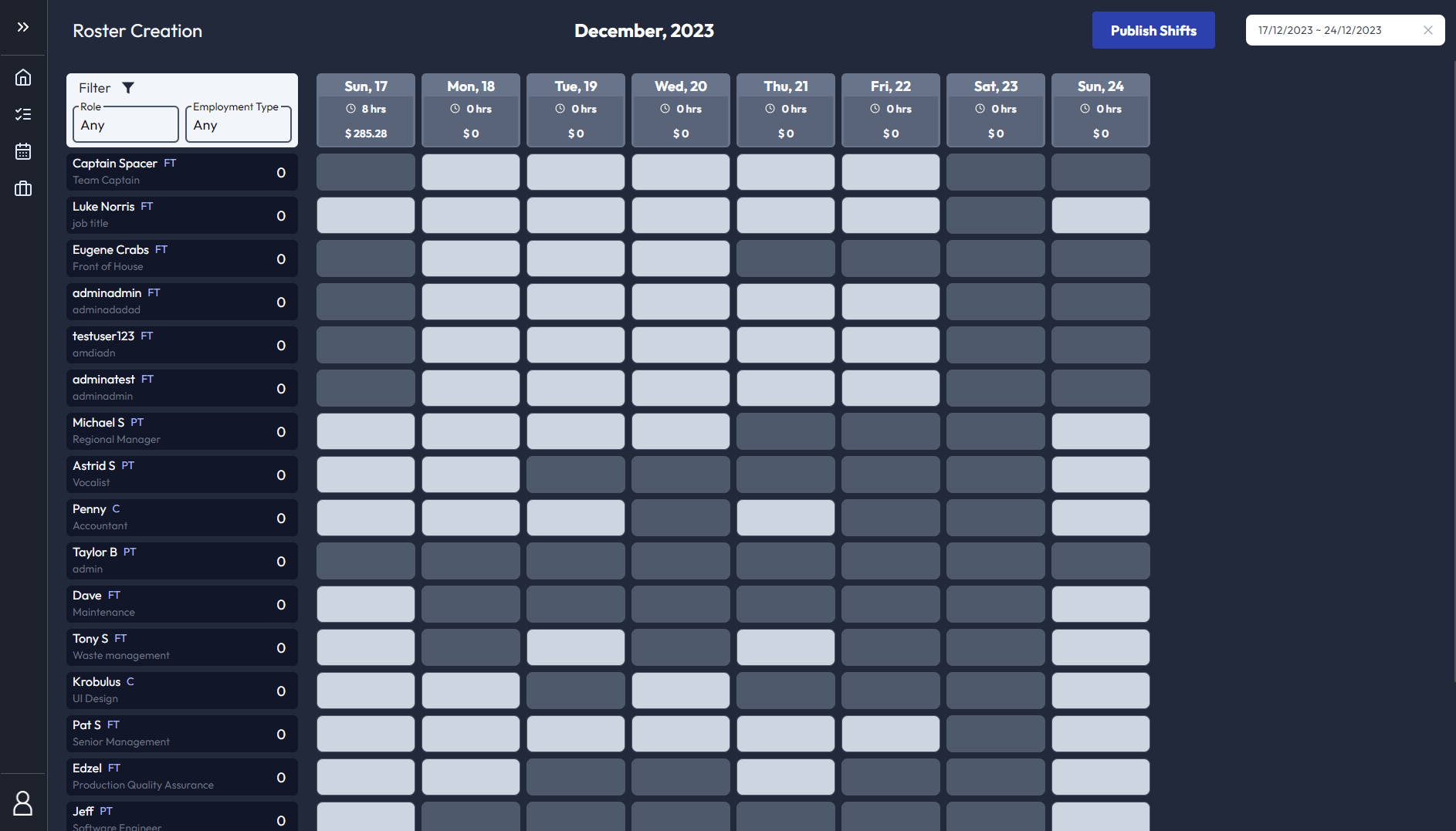 Where the admin or HR can create new roster events for their employees, able to be filtered and automate employee availability