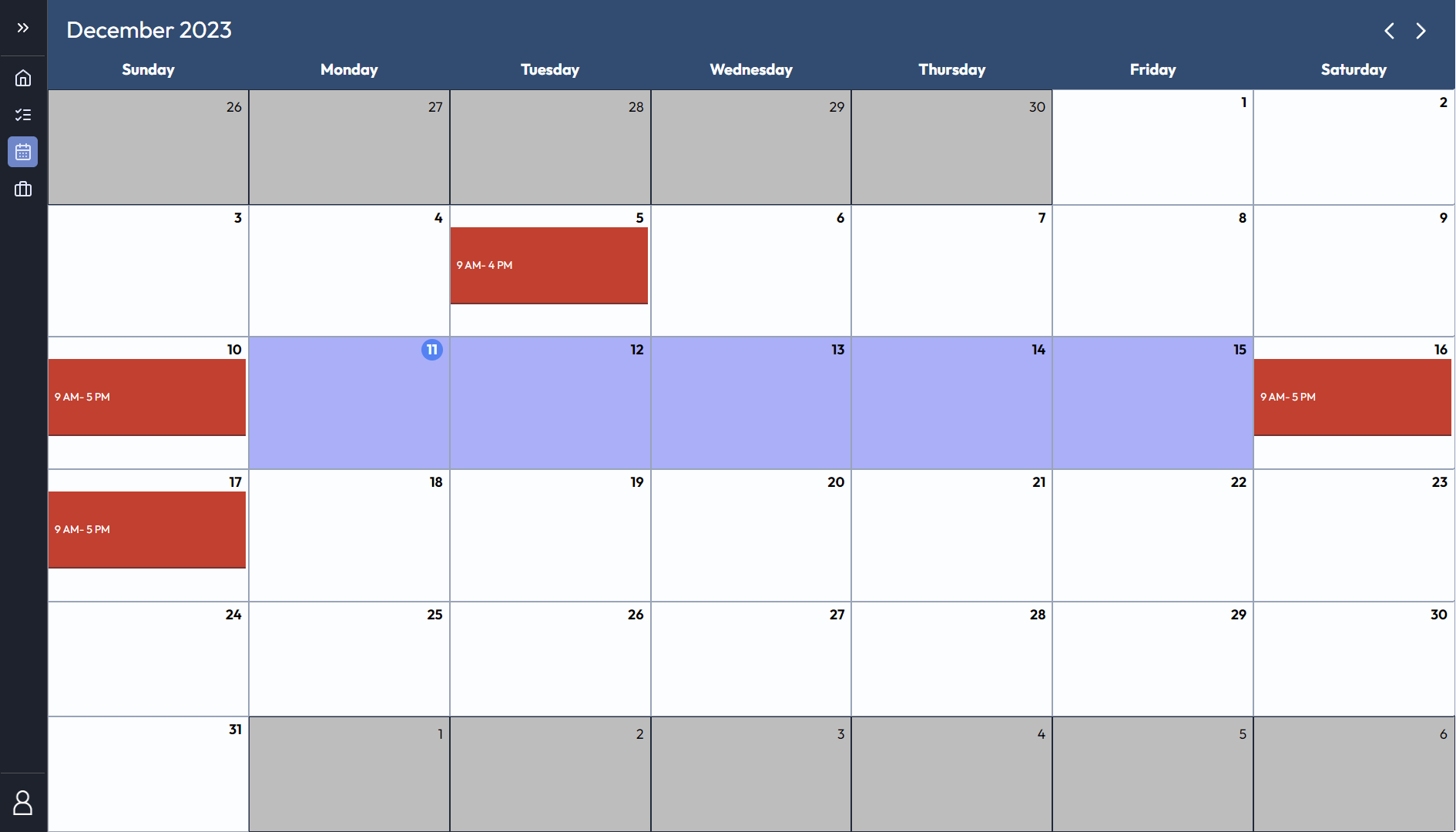 Outline using a calendar view of user's schedule and provides more information about each roster event
