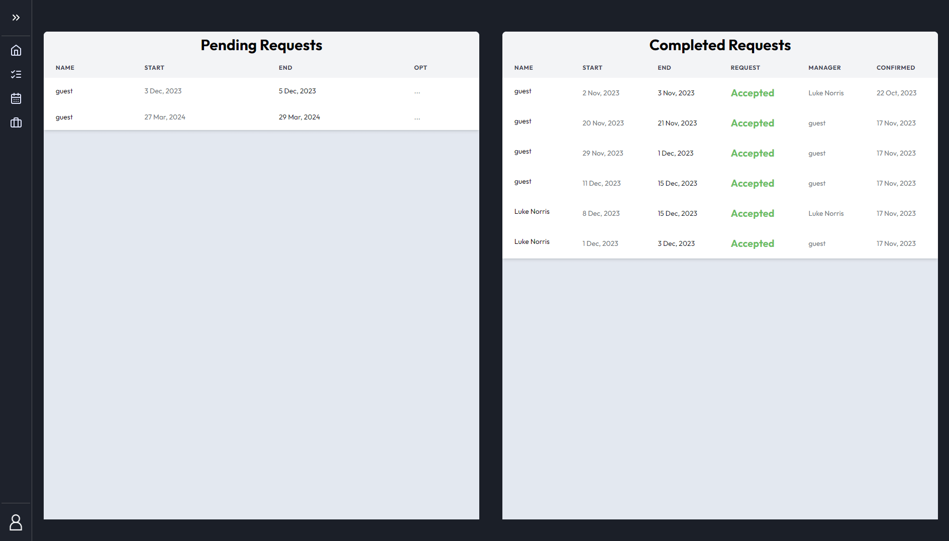 View for admins to view current and past time off requests
